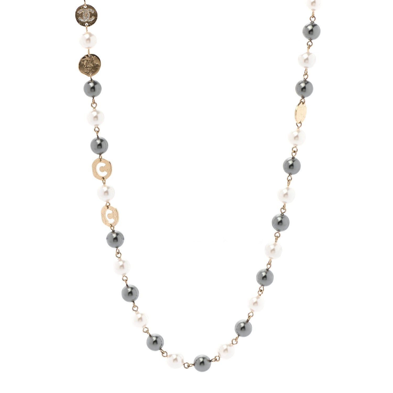 Chanel Pearl Papyrus Long Necklace Gold Pearly White Grey 1 of 6