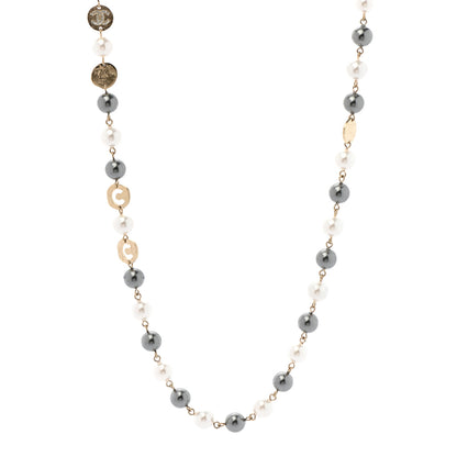 Chanel Pearl Papyrus Long Necklace Gold Pearly White Grey 1 of 6