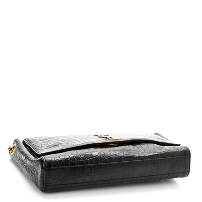 Saint Laurent Calfskin Crocodile Embossed Suede Medium Reversible Monogram Kate Satchel Military Taupe 4 of 10