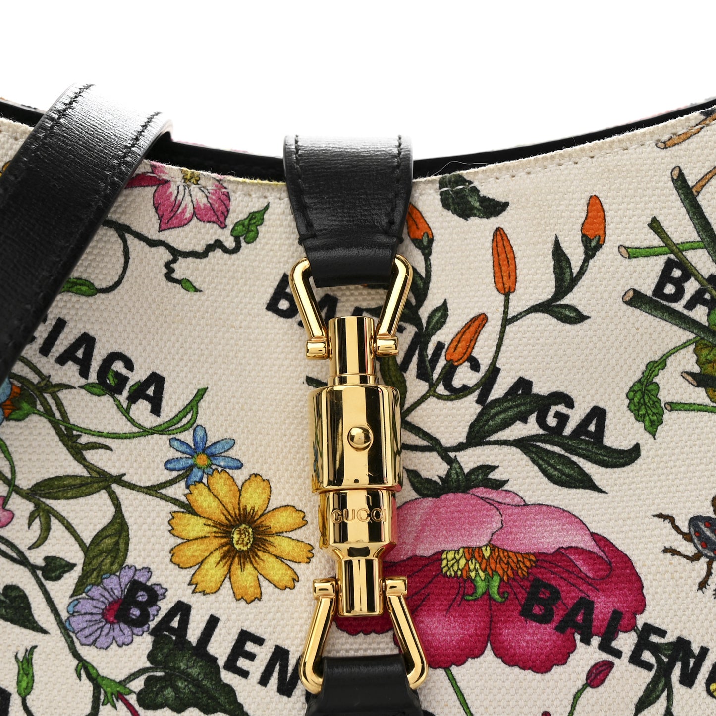 X BALENCIAGA Canvas Boarded Pluton Calfskin Flora Logo Print Small Jackie 1961 Hobo White Multicolor Black