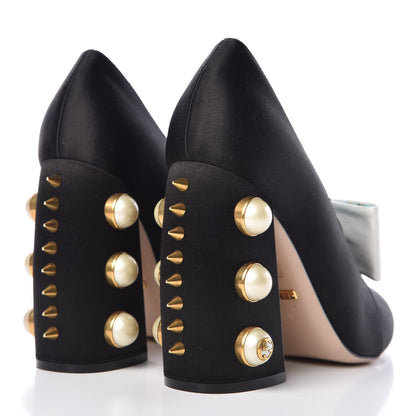Gucci Silk Satin Pearl Studded Luna Bow Pumps 39 Black Gold Beige 4 of 12