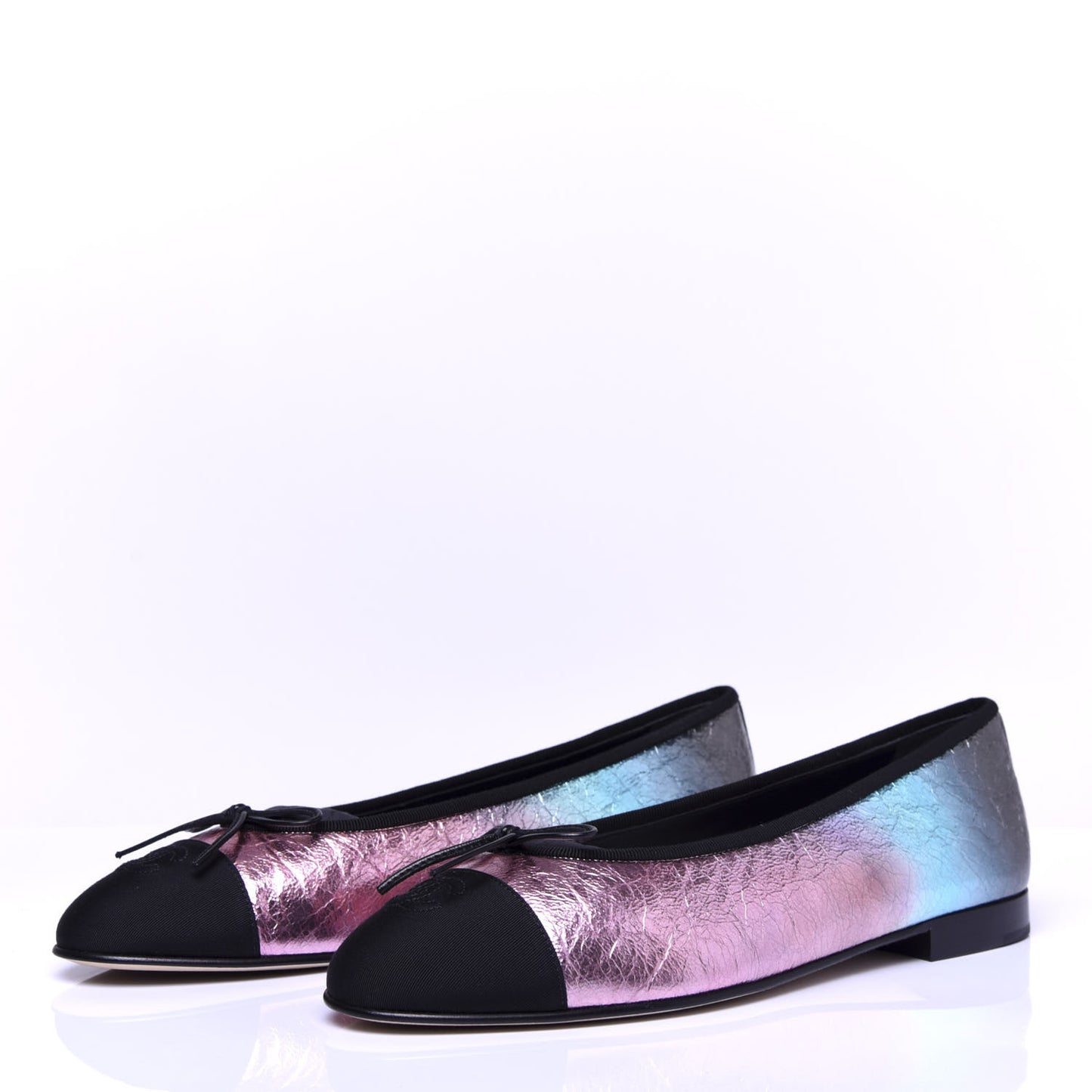 Laminated Calfskin Grosgrain Cap Toe CC Ballerina Flats 41 Multicolor Black