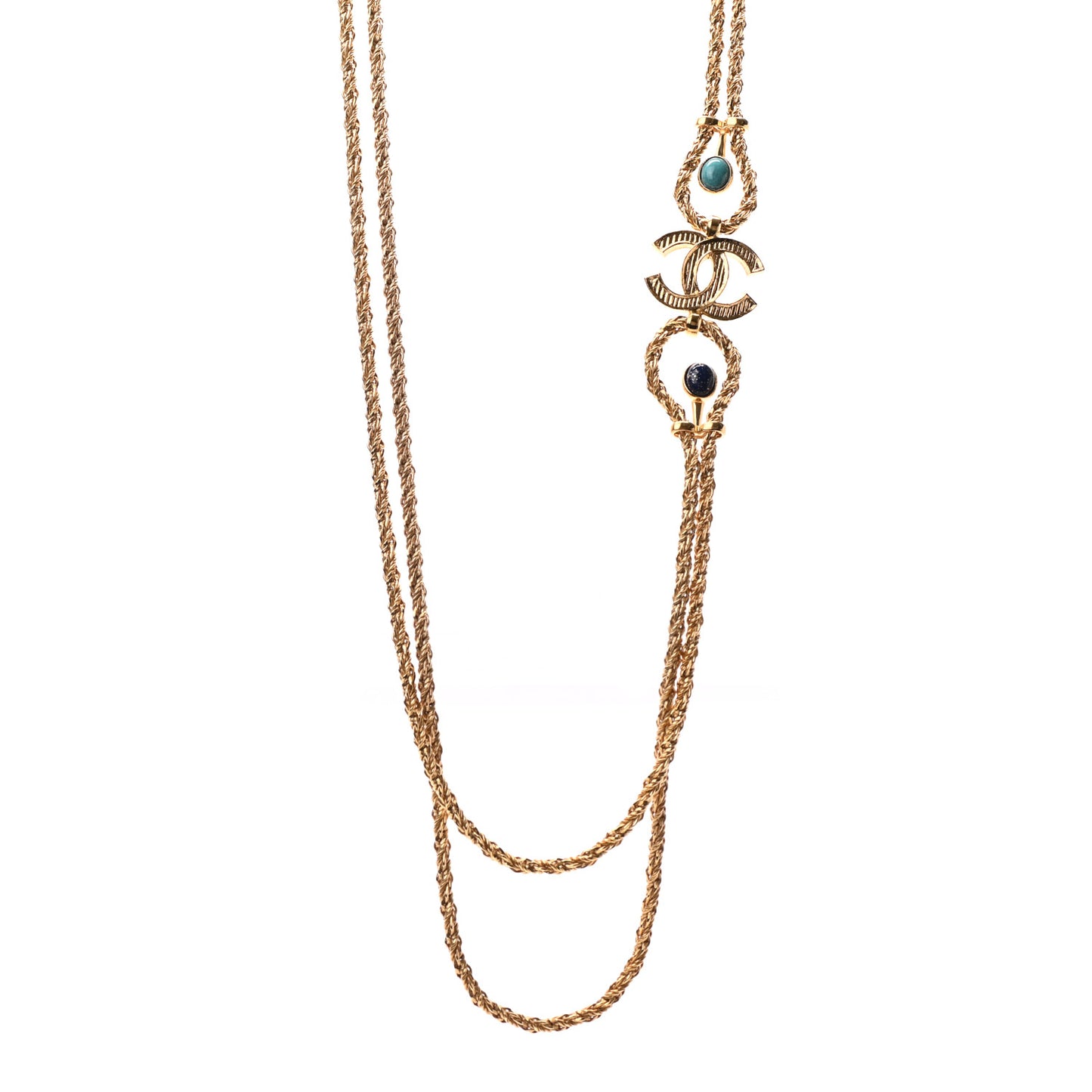 Gripoix Poured Glass Braided CC Long Necklace Gold Green Blue