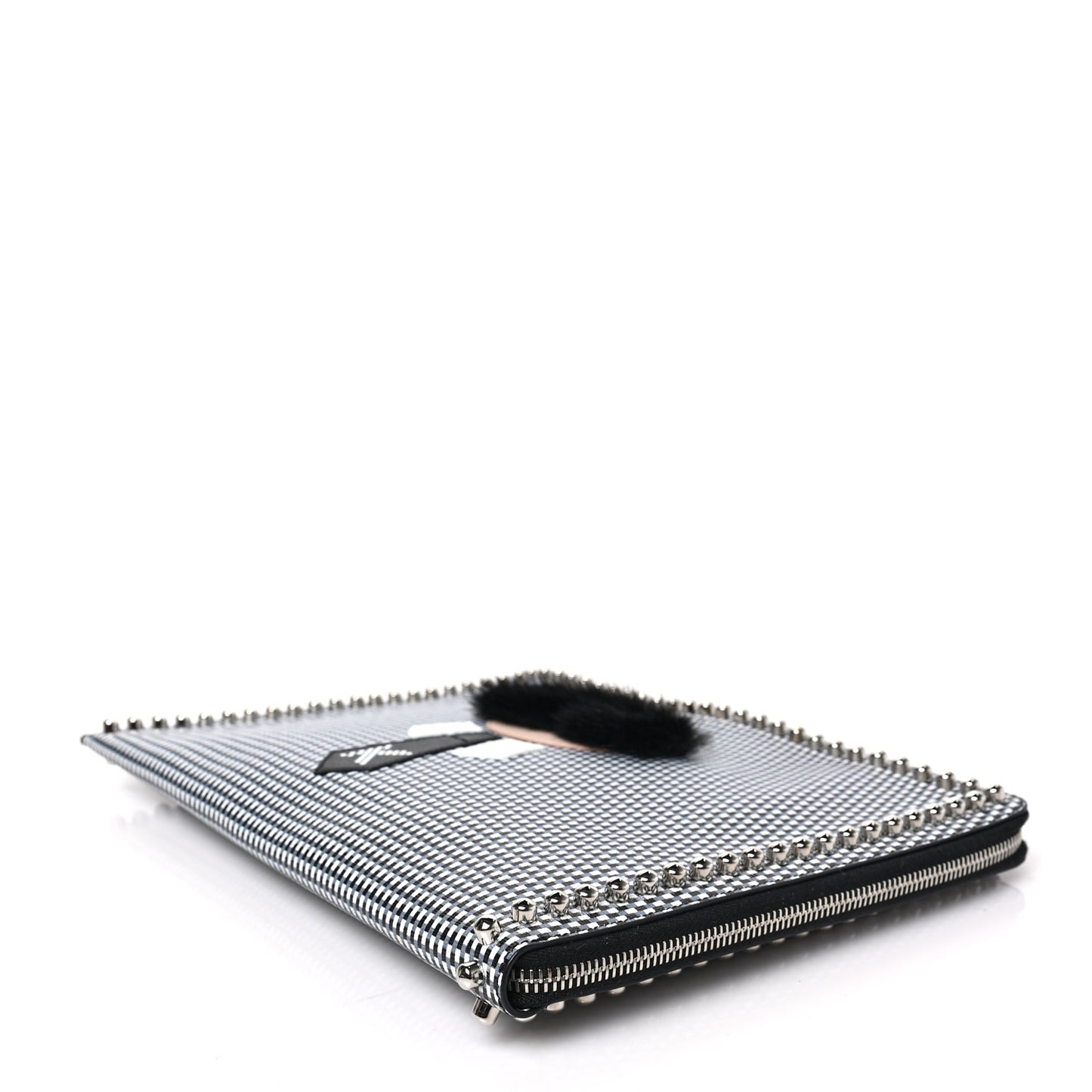 Calfskin Mink Fur Studded Karlito Zip Around Pouch Black White