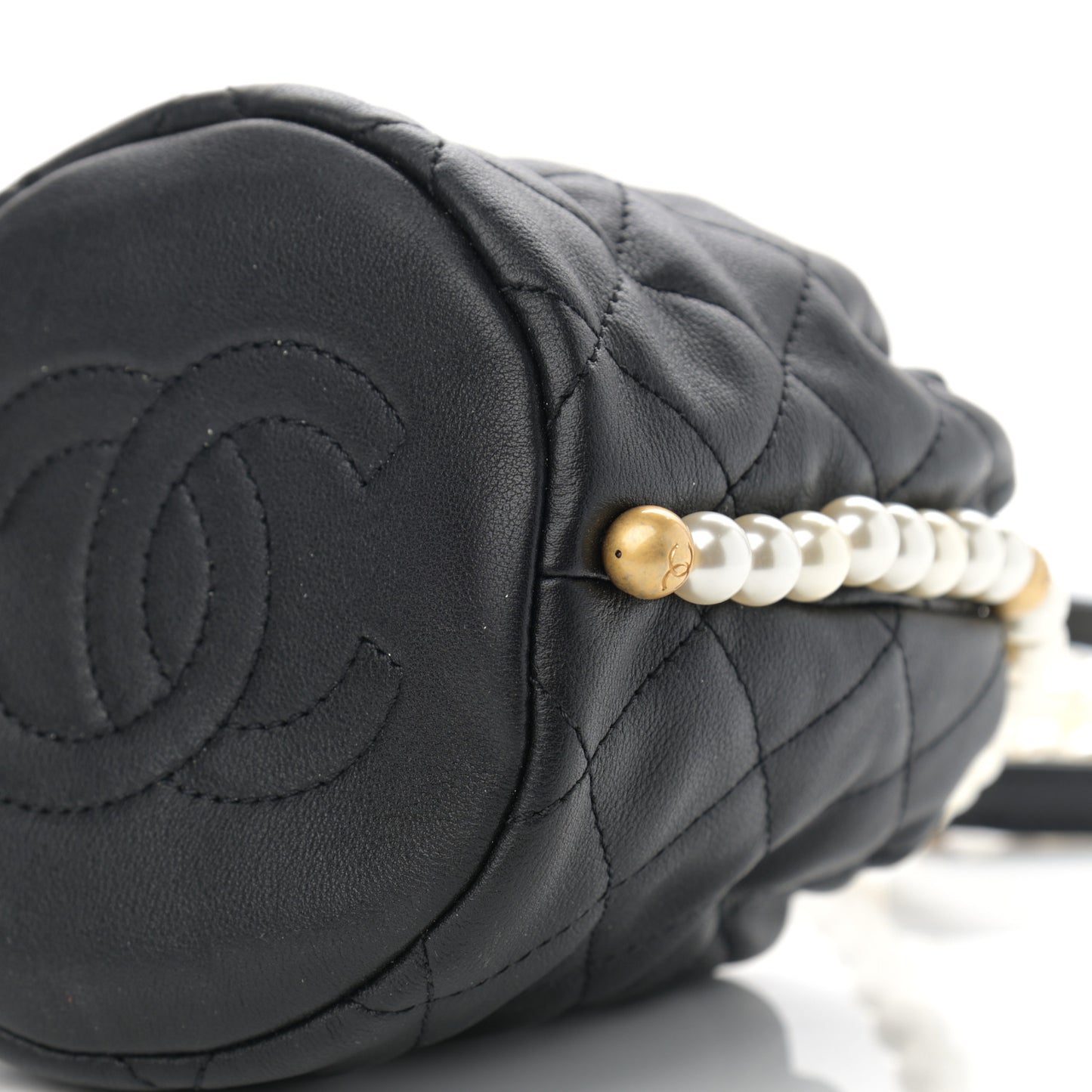 Calfskin Quilted Pearl Mini About Pearls Drawstring Bucket Bag Black