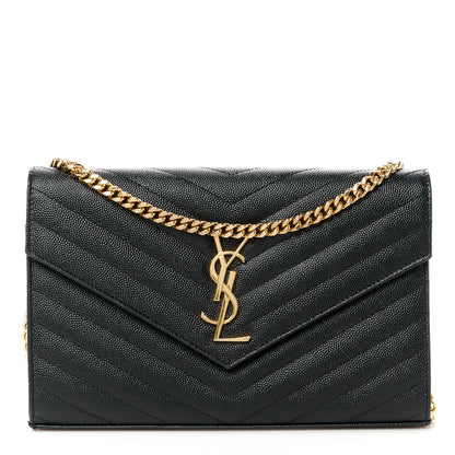 Saint Laurent Grain De Poudre Matelasse Chevron Monogram Chain Wallet Black 1 of 12