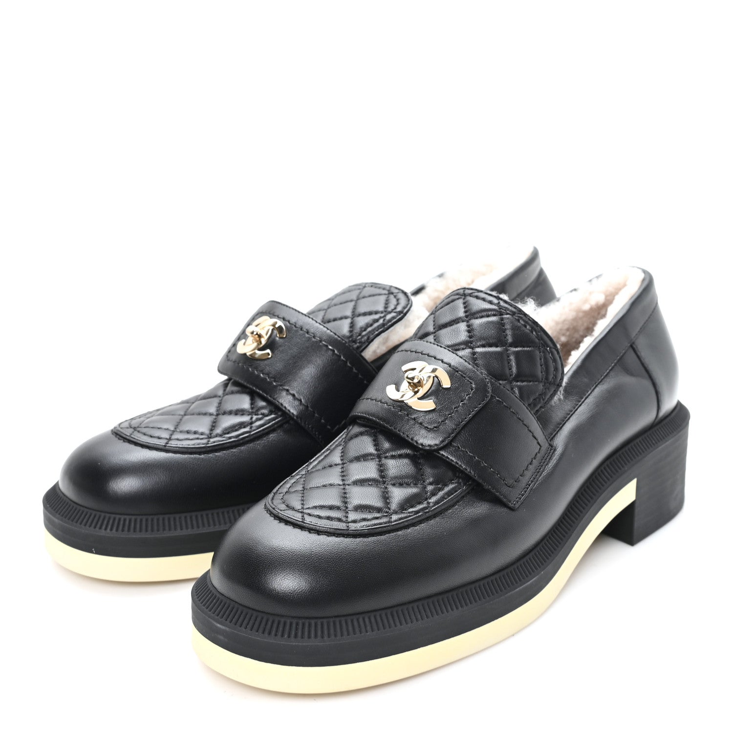 Chanel Lambskin Shearling Quilted CC Turnlock Loafers 39 Black 4 of 8