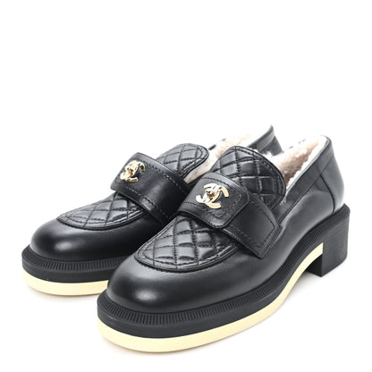 Chanel Lambskin Shearling Quilted CC Turnlock Loafers 39 Black 4 of 8