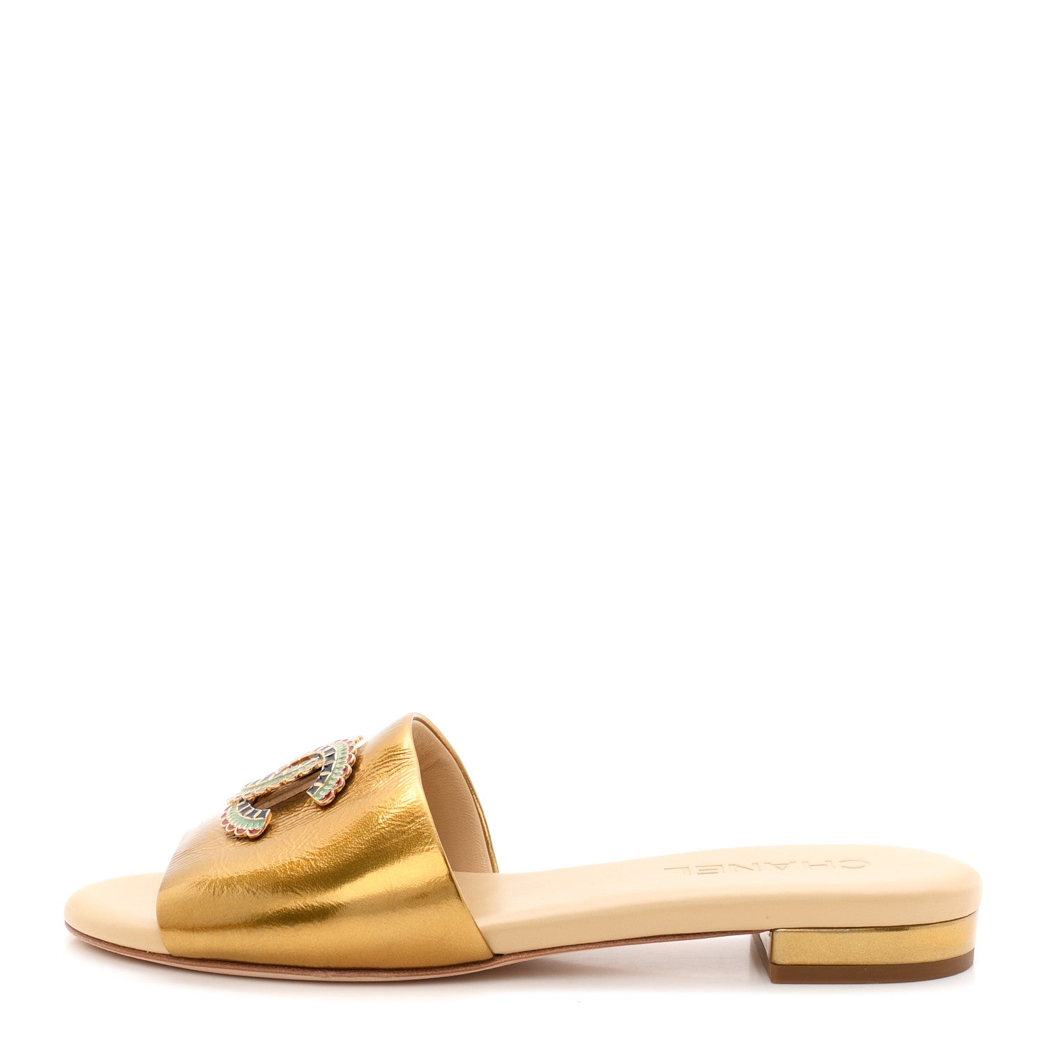 Chanel Laminated Lambskin Enamel CC Mules Sandals 39 Beige 1 of 10