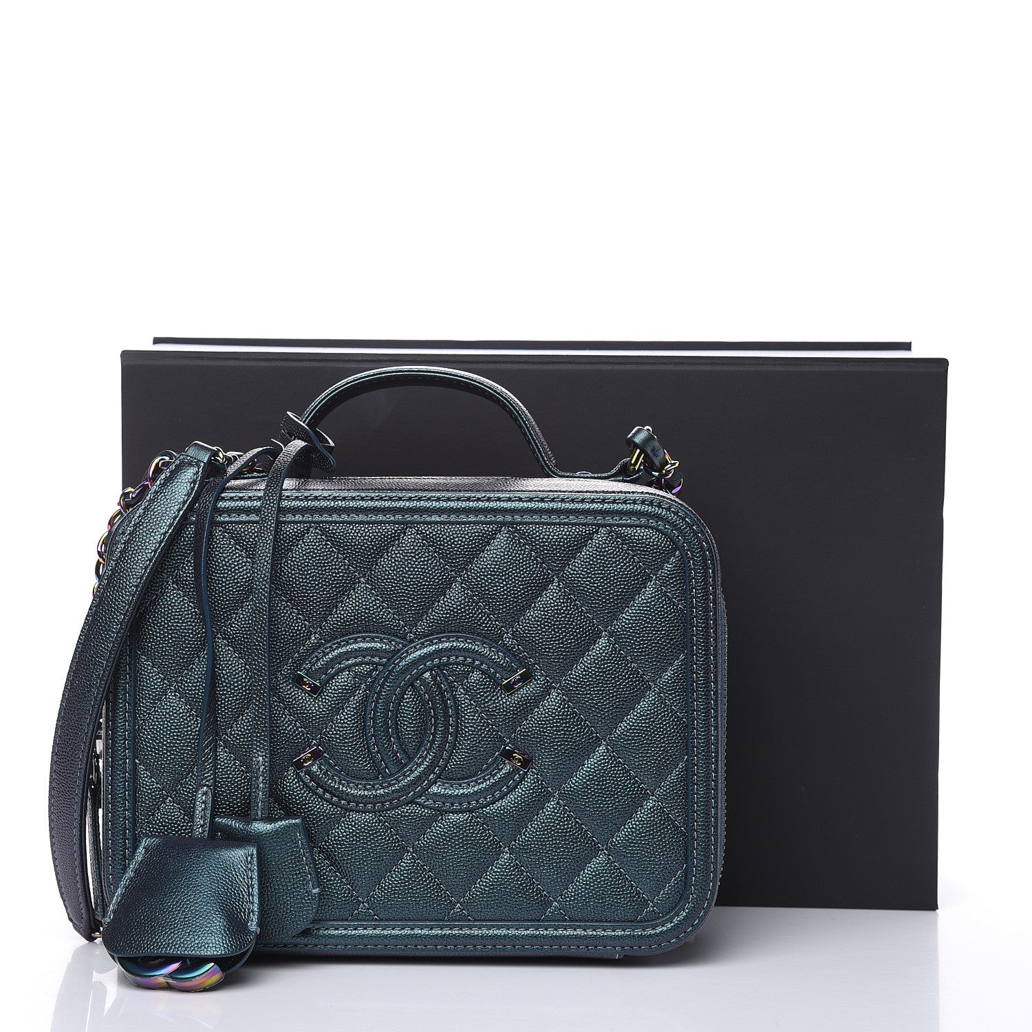 Chanel Iridescent Caviar Quilted Medium CC Filigree Vanity Case Dark Turquoise 10 of 10