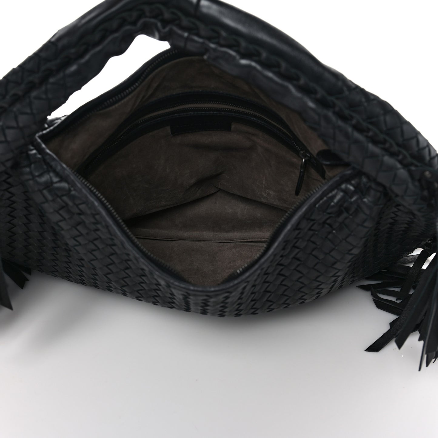 Nappa Intrecciato Veneta Large Fringed Hobo Black