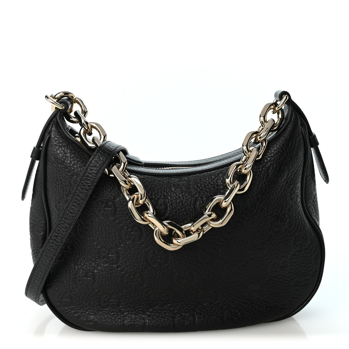 GG Grainy Calfskin Emblem Small Half Moon Shoulder Bag Black