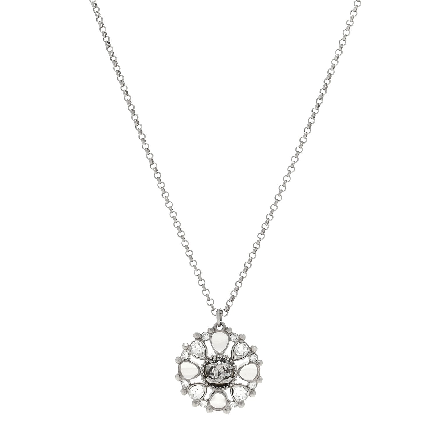 Chanel Crystal CC Round Pendant Necklace Silver 1 of 3