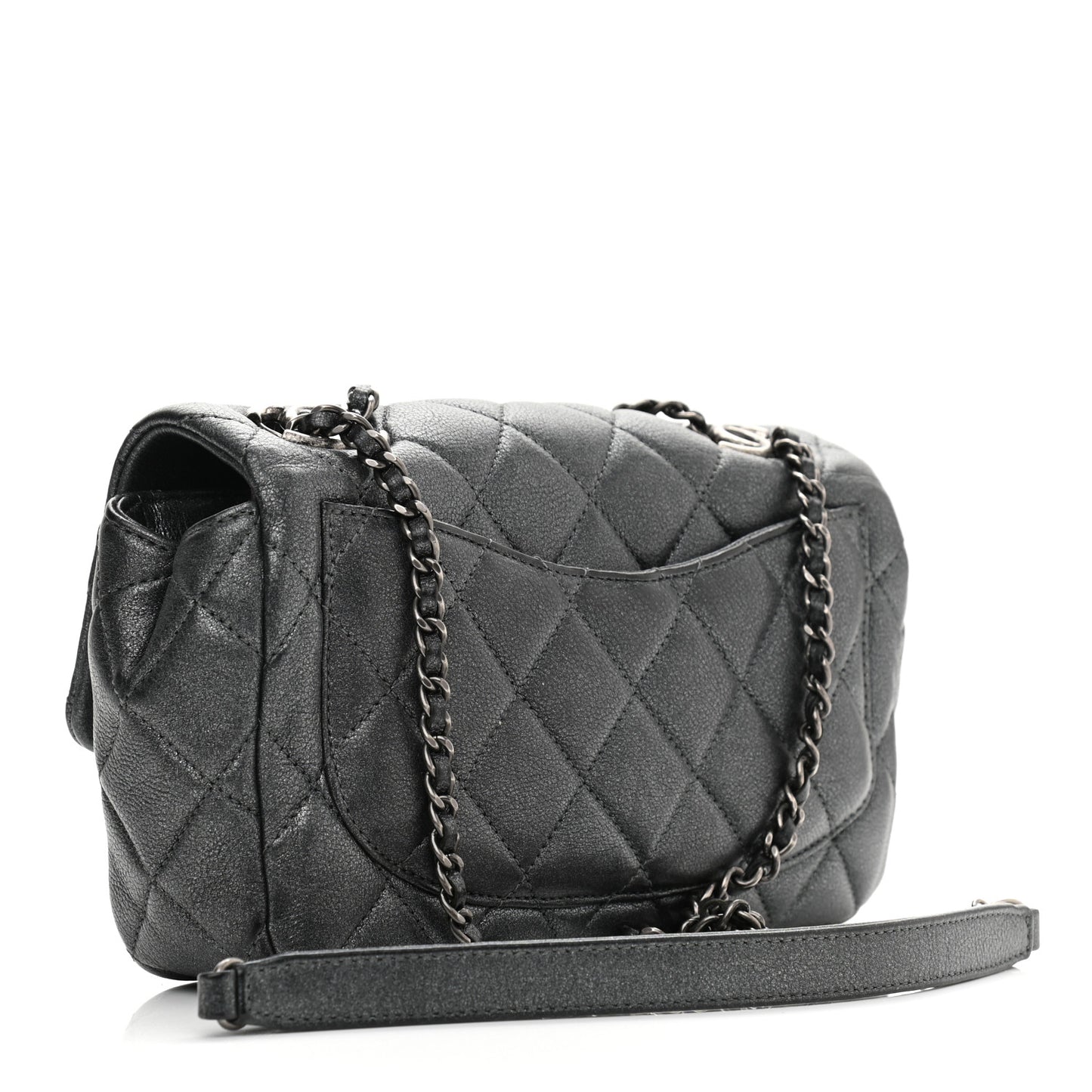 Iridescent Goatskin Quilted Small CC Eyelet Flap Dark Silver