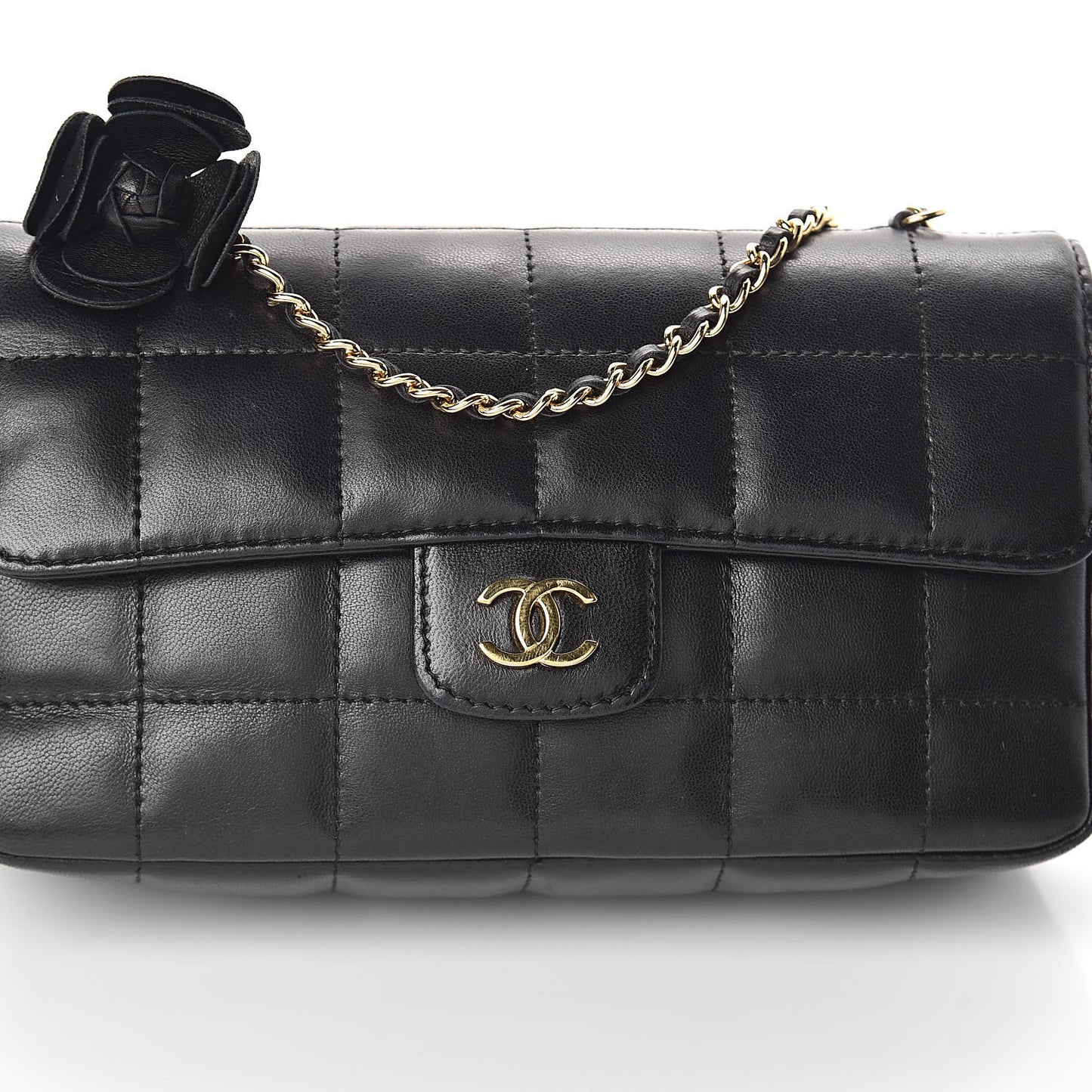 Lambskin Quilted Mini Chocolate Bar Camellia Flap Black