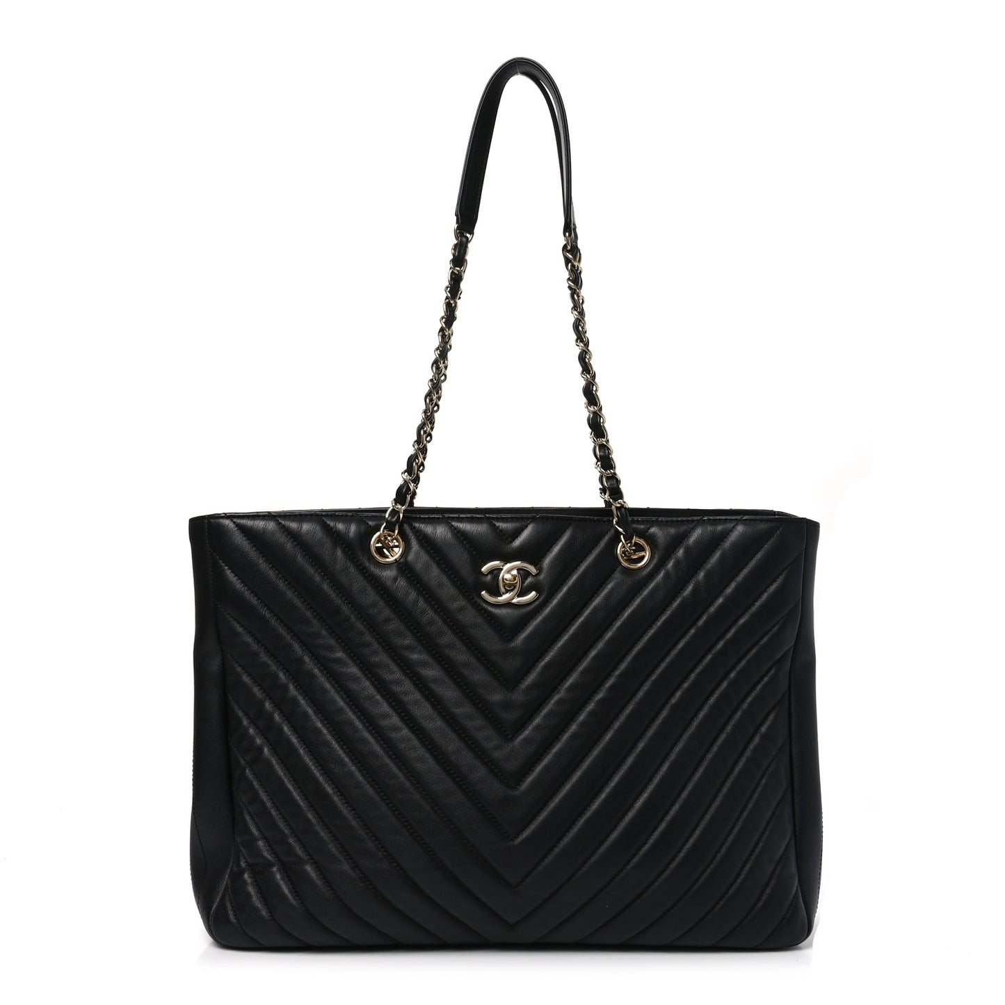 Iridescent Calfskin Chevron Quilted Shopping Tote Black