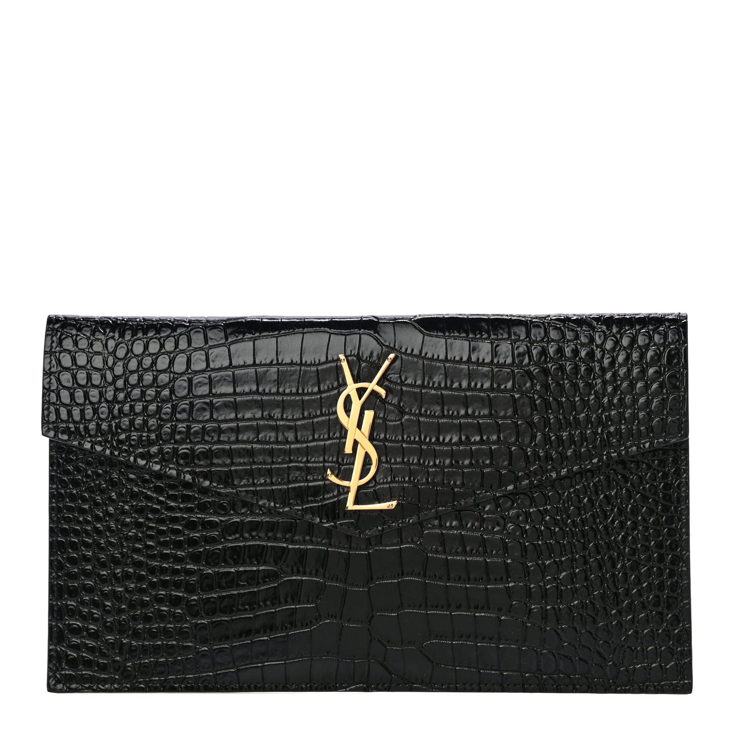 Calfskin Crocodile Embossed Uptown Monogram Clutch Black