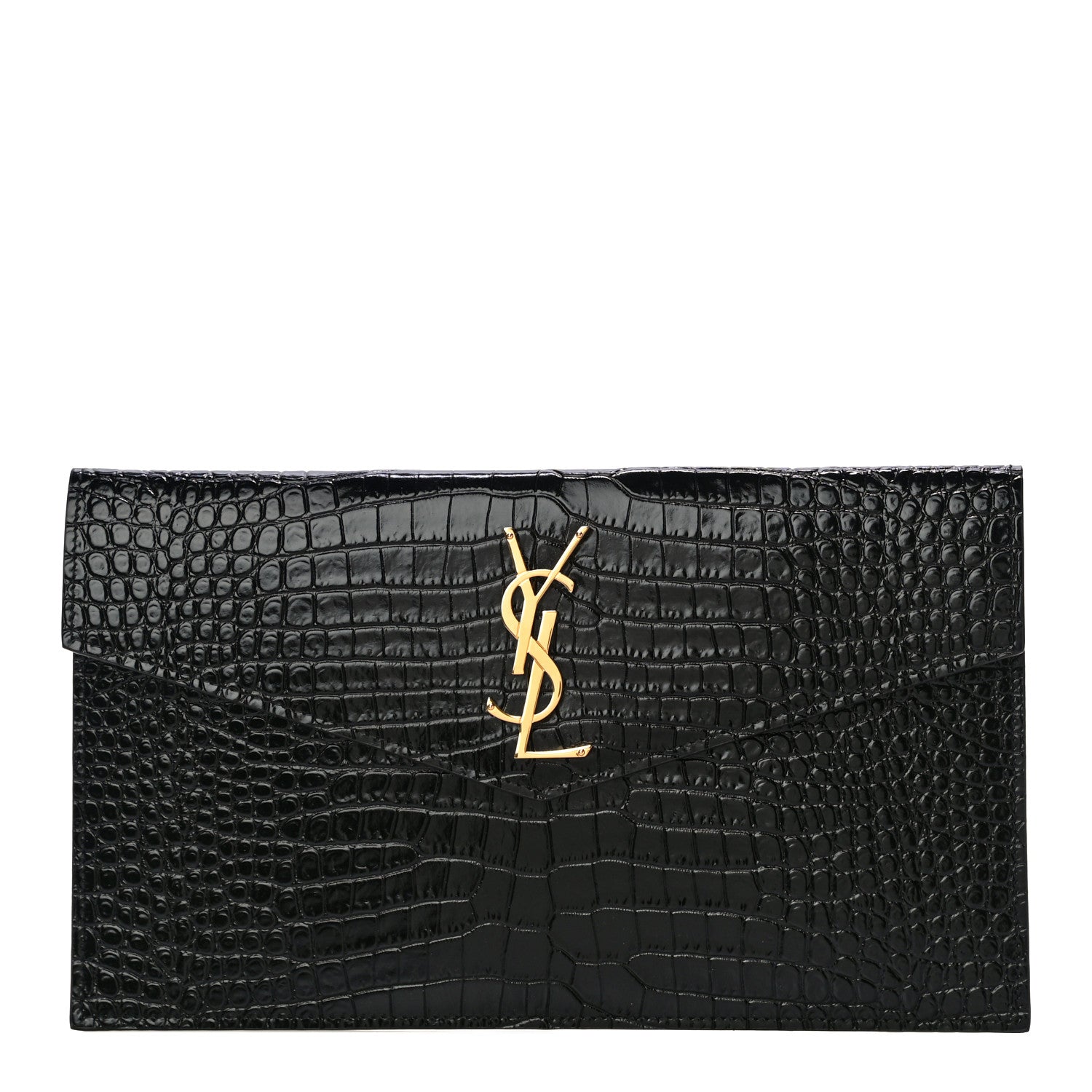 Saint Laurent Calfskin Crocodile Embossed Uptown Monogram Clutch Black 1 of 10