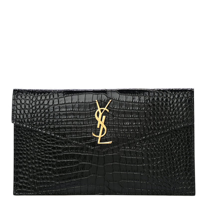 Saint Laurent Calfskin Crocodile Embossed Uptown Monogram Clutch Black 1 of 10