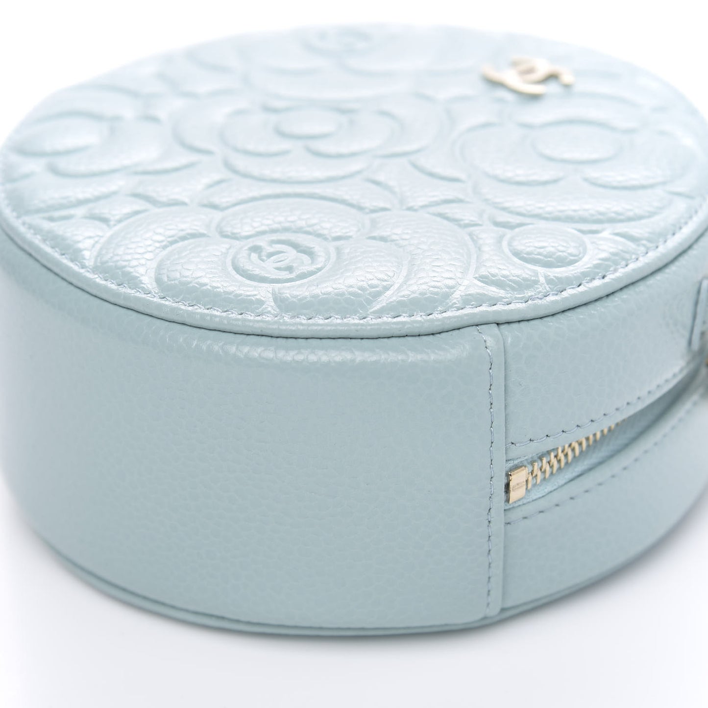 Caviar Camellia Embossed Round Clutch With Chain Light Blue