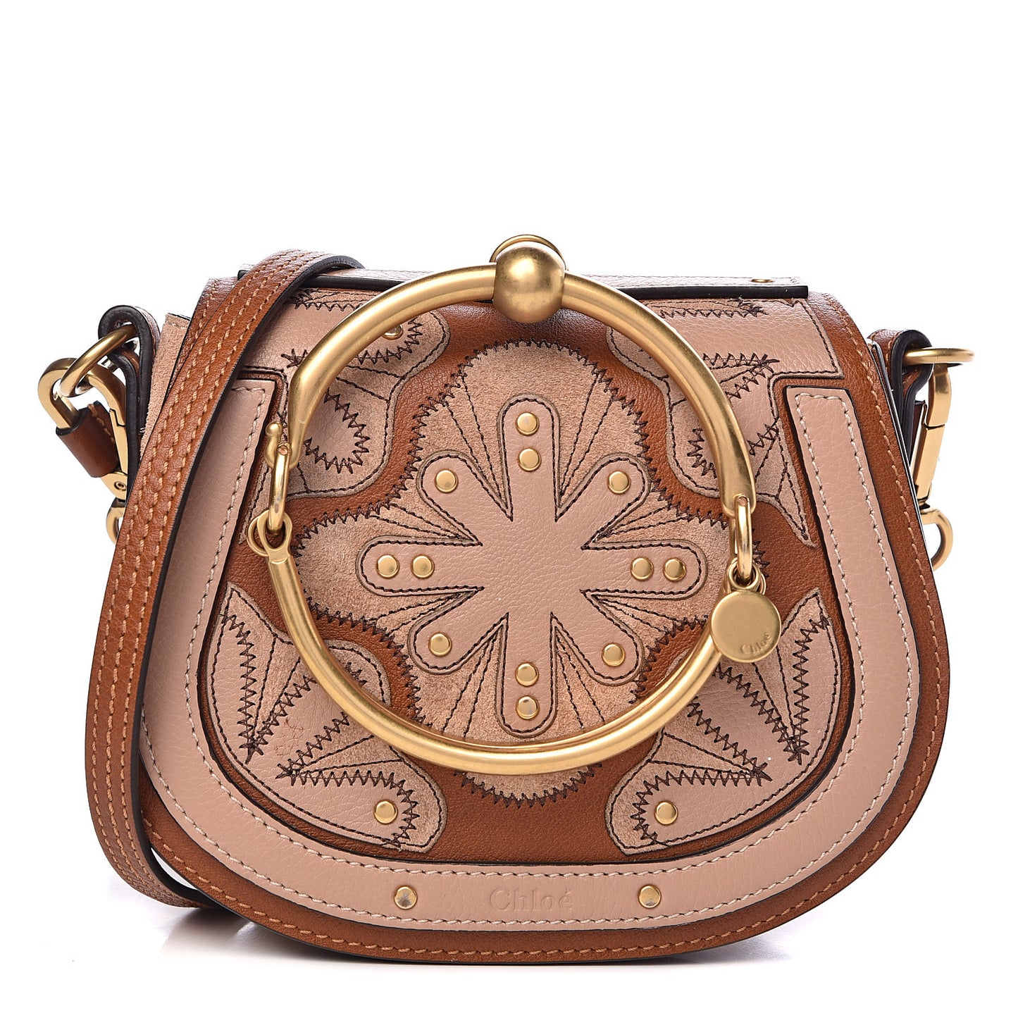 Calfskin Suede Floral Patchwork Small Nile Bracelet Bag Caramel