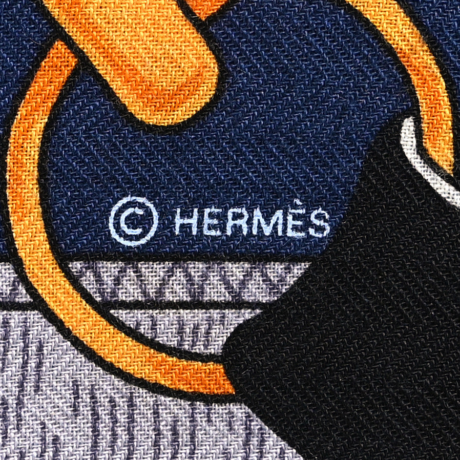 Hermes Cashmere Silk Eperon D'Or Shawl 140 Marine Miel Gris 4 of 6