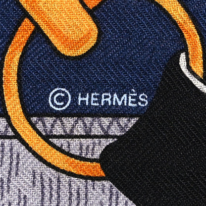 Hermes Cashmere Silk Eperon D'Or Shawl 140 Marine Miel Gris 4 of 6
