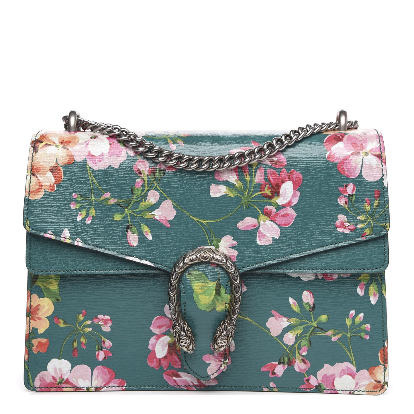Calfskin Blooms Print Medium Dionysus Shoulder Bag Bright Emerald Multicolor