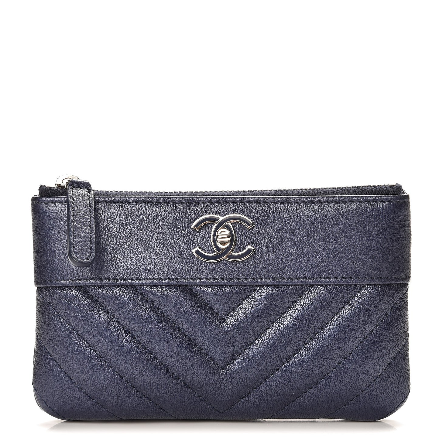 Metallic Sheepskin Chevron Quilted Small Vintage Mademoiselle Cosmetic Case Navy