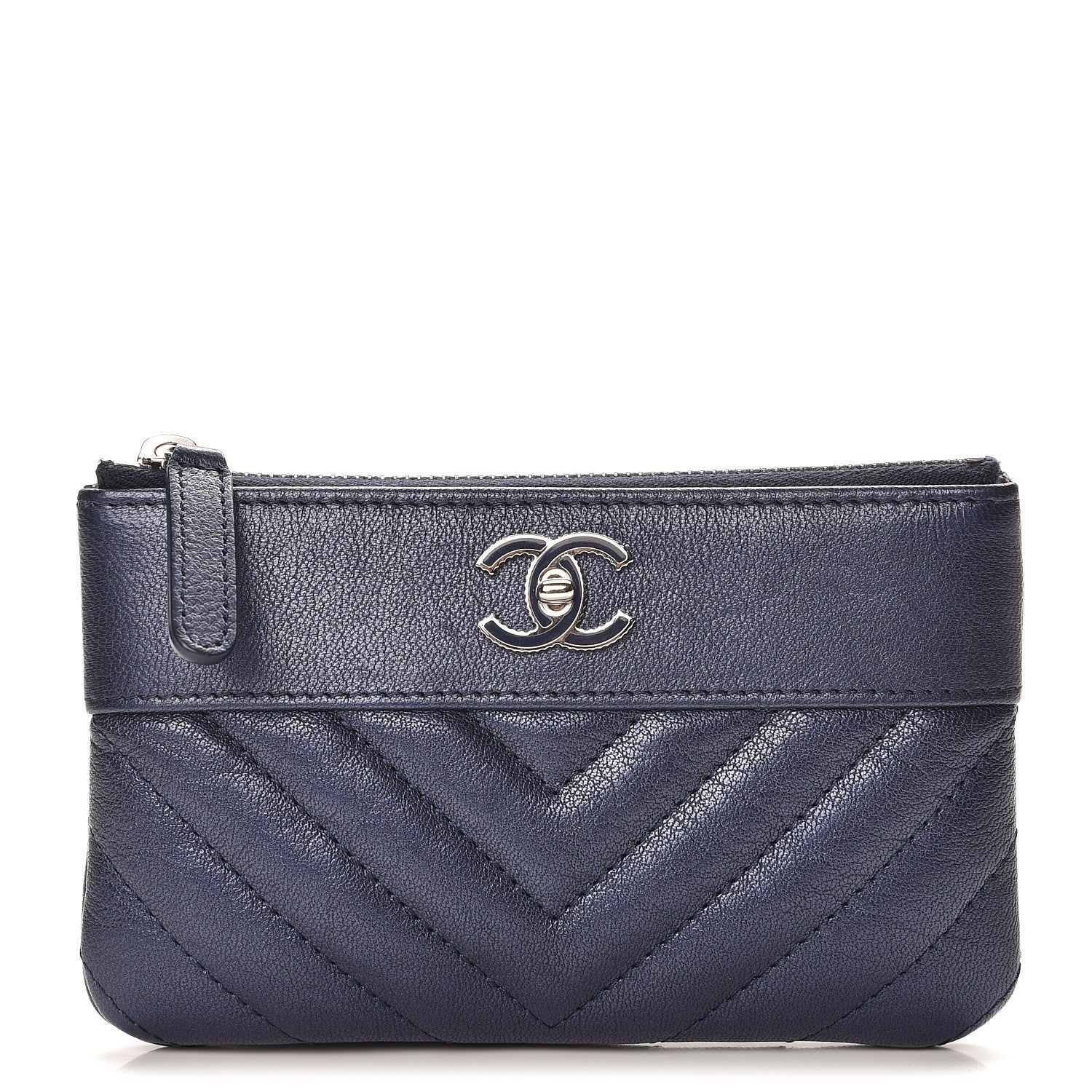 Chanel Metallic Sheepskin Chevron Quilted Small Vintage Mademoiselle Cosmetic Case Navy 1 of 8