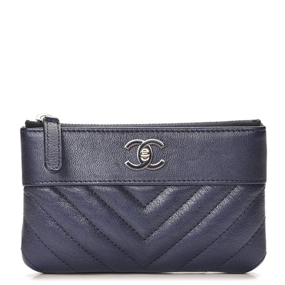 Chanel Metallic Sheepskin Chevron Quilted Small Vintage Mademoiselle Cosmetic Case Navy 1 of 8