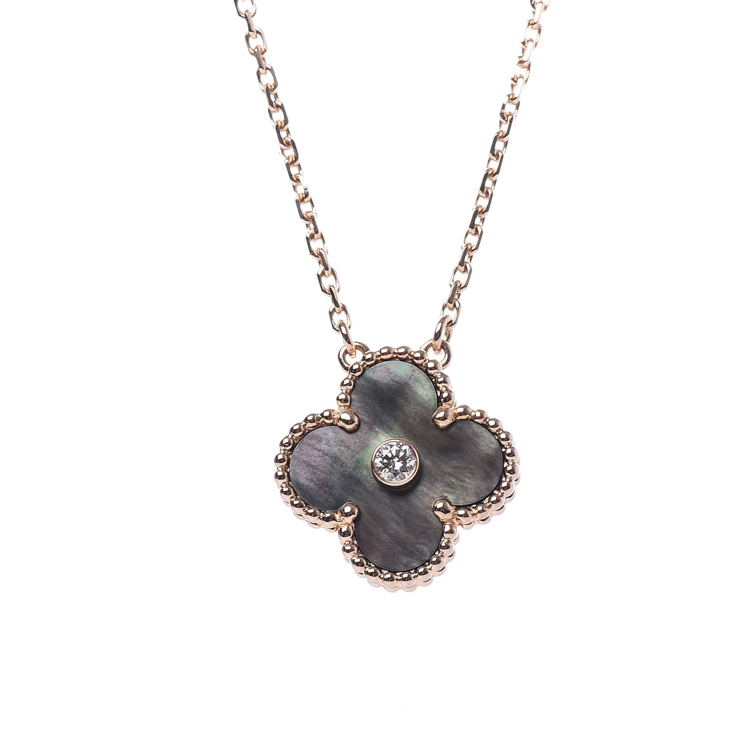 Van Cleef & Arpels 18K Rose Gold Diamond Grey Mother of Pearl Vintage Alhambra Pendant Necklace 4 of 8