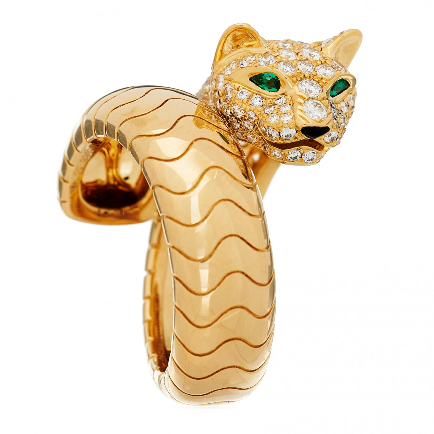 18K Yellow Gold Diamond Tsavorite Black Onyx Panthere De Cartier Bypass Ring 55 7.25