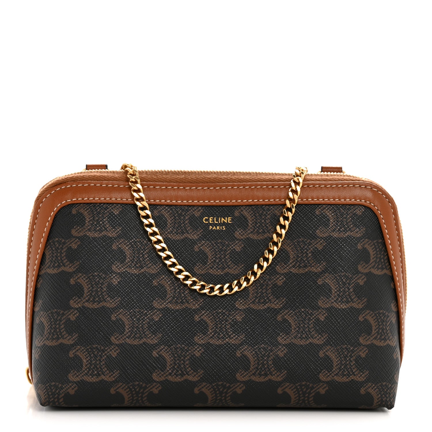 Celine Triomphe Canvas Lambskin Clutch On Chain Tan 1 of 13