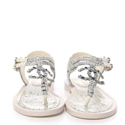 Chanel Tweed CC Thong Sandals 37 Ecru Blue Beige Grey 2 of 10