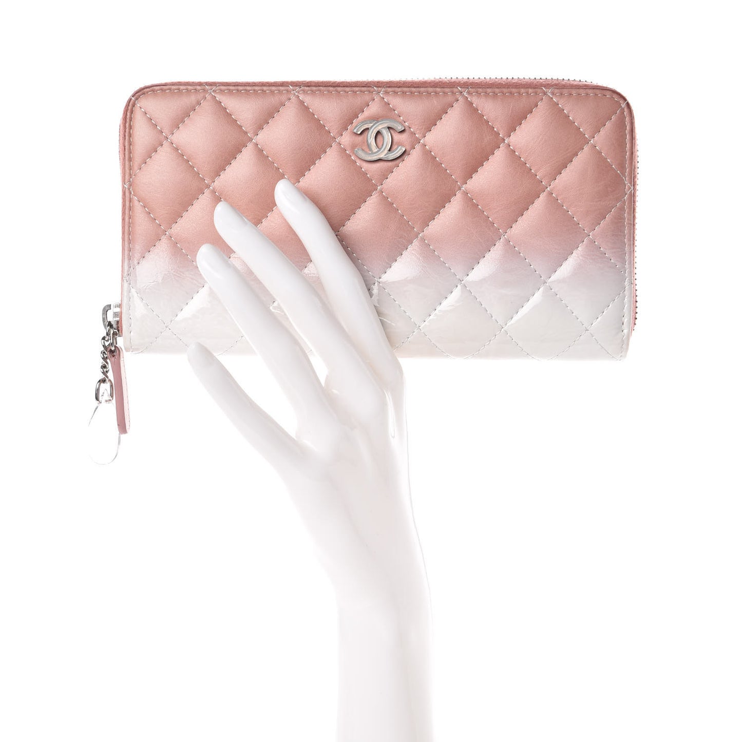 Ombre Patent Calfskin Quilted Large Gusset Zip Around Wallet Pink White