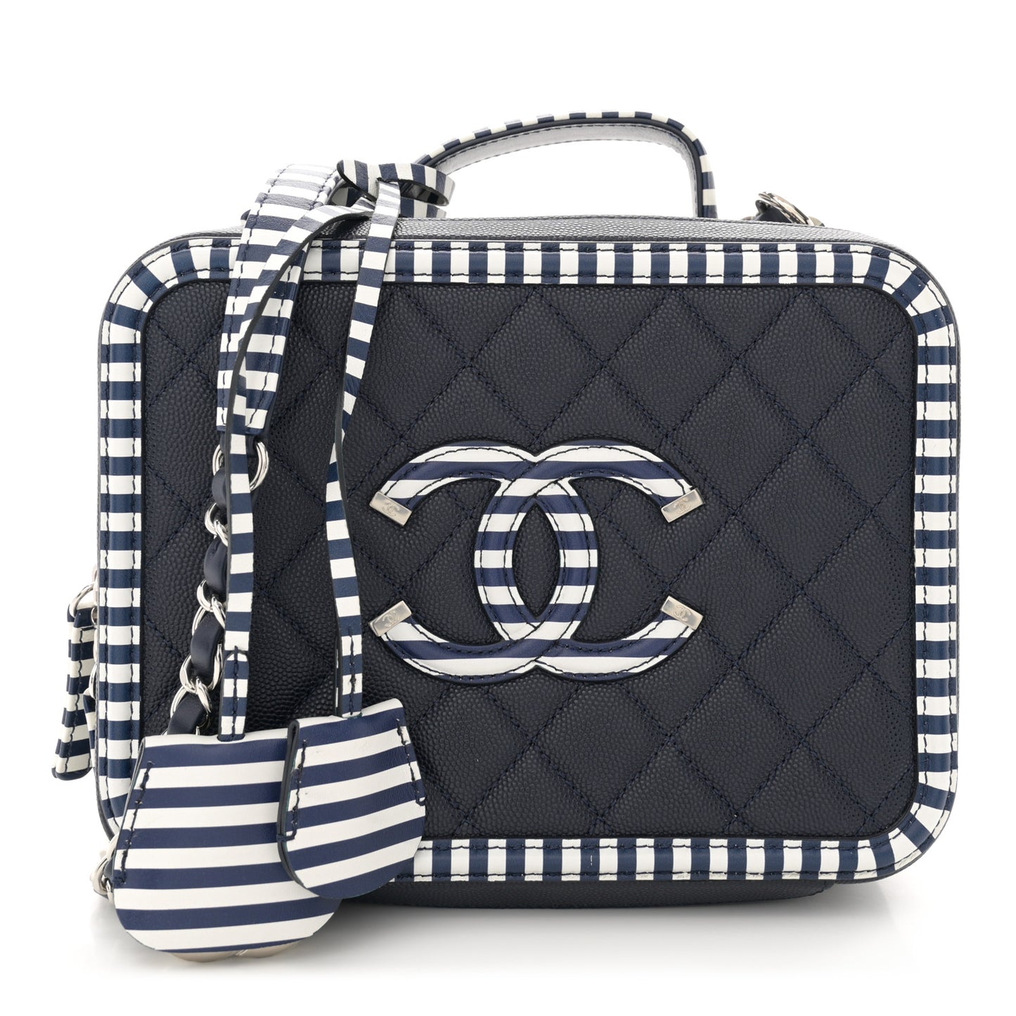 Caviar Quilted Striped Medium CC Filigree Vanity Case Navy White