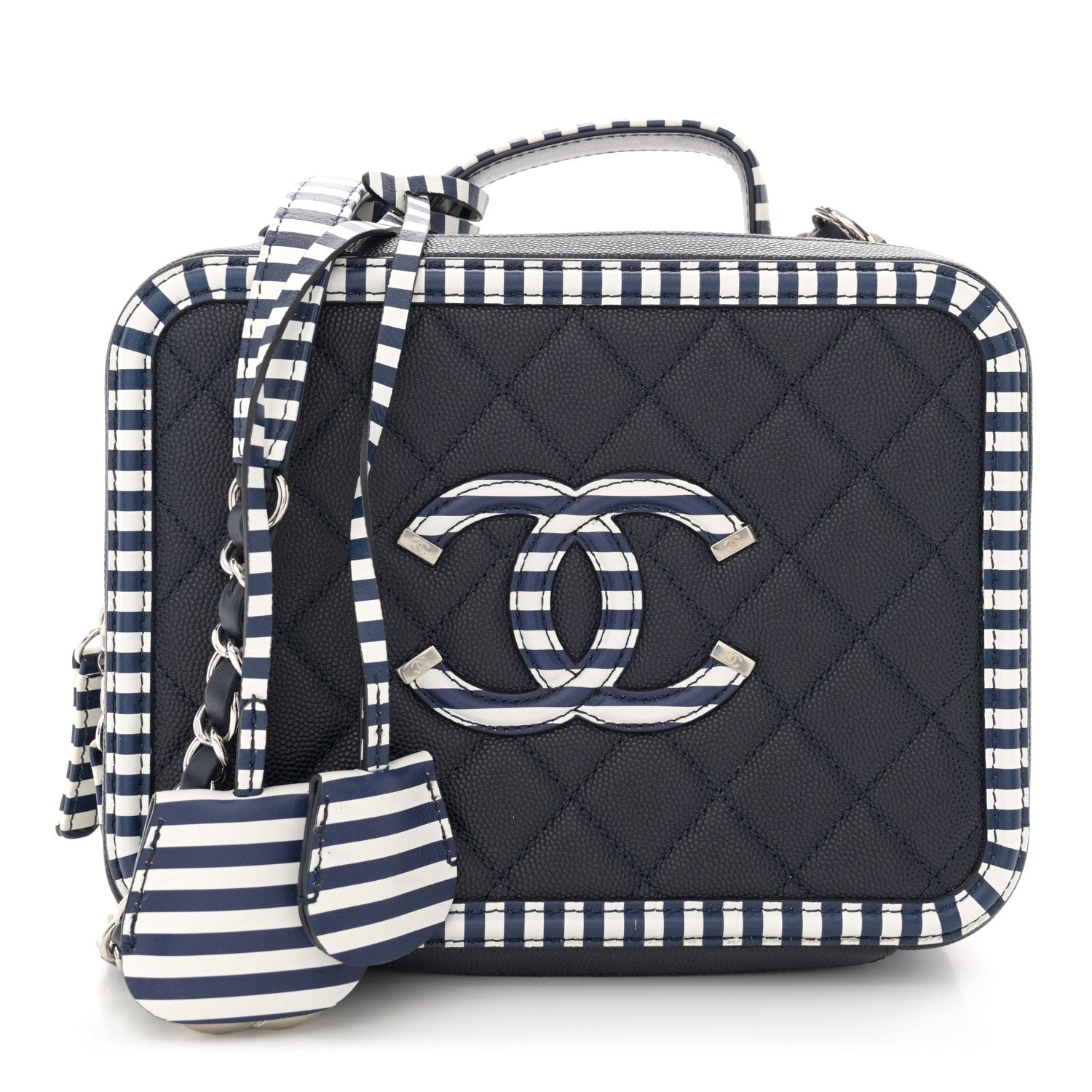 Chanel Caviar Quilted Striped Medium CC Filigree Vanity Case Navy White 1 of 10