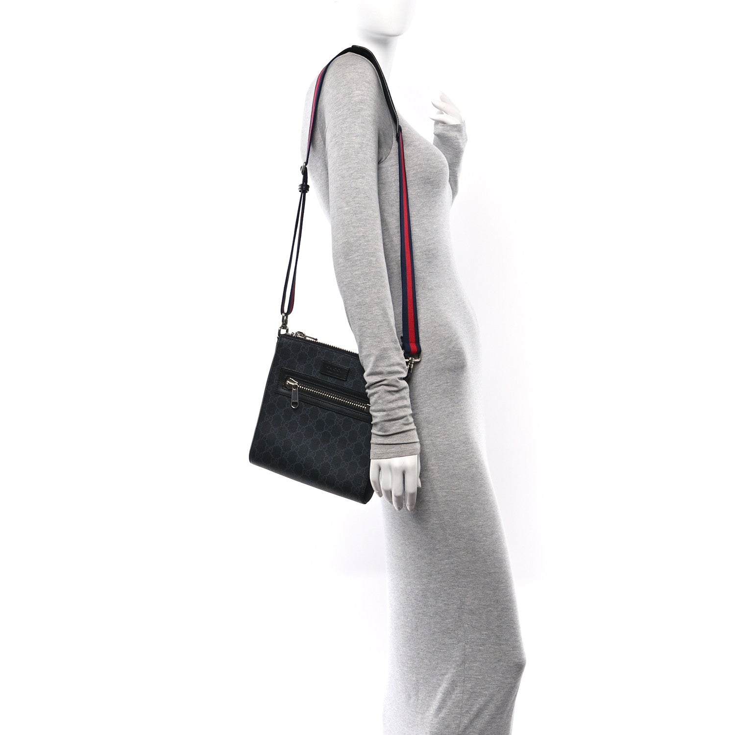 Gucci GG Supreme Monogram Web Small Flat Messenger Bag Black Grey 2 of 12