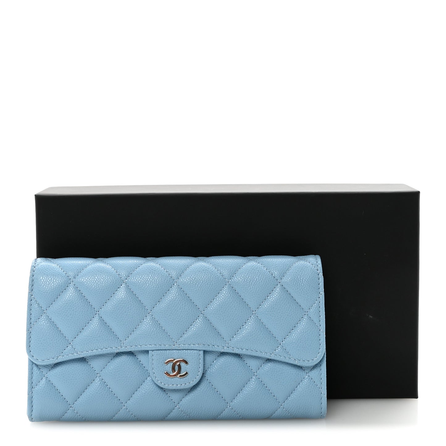 Caviar Quilted Large Gusset Flap Wallet Light Blue