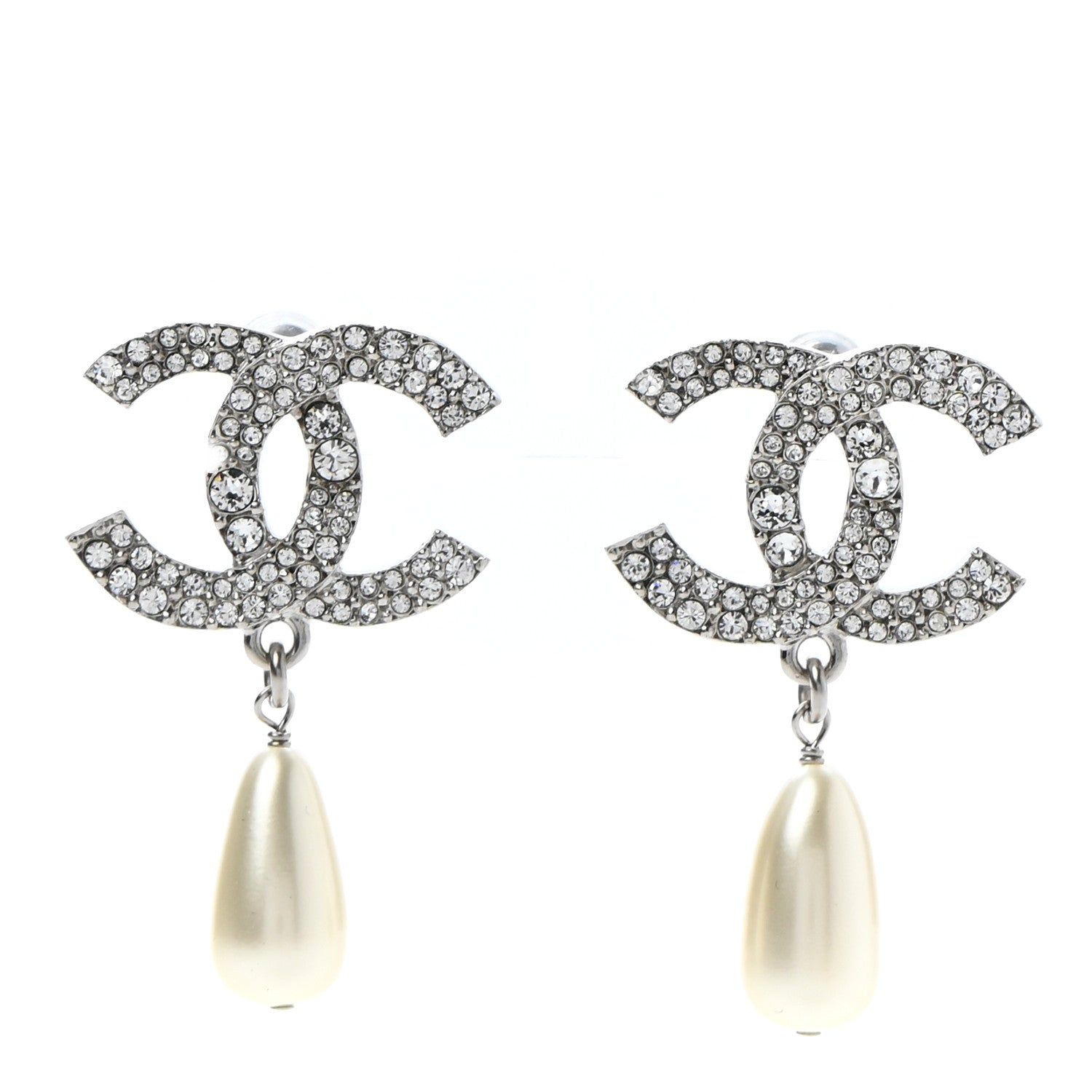 Chanel Crystal Pearl CC Drop Darling Bows Earrings Silver Pearly White 1 of 5
