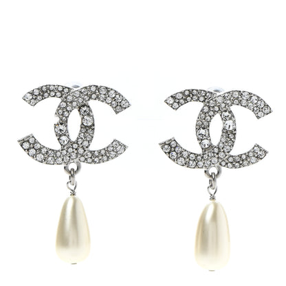 Chanel Crystal Pearl CC Drop Darling Bows Earrings Silver Pearly White 1 of 5