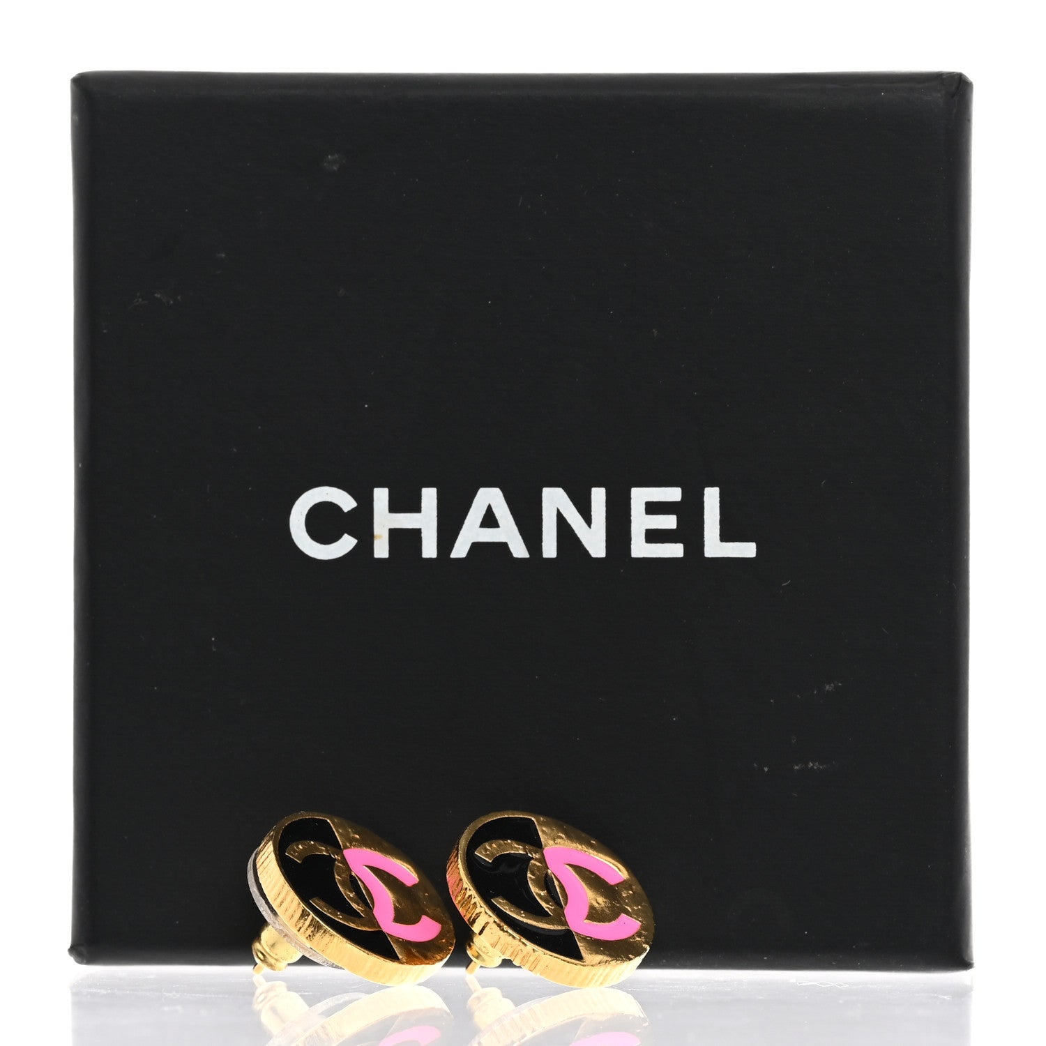 Chanel Metal Enamel CC Round Earrings Gold Pink Black 5 of 5