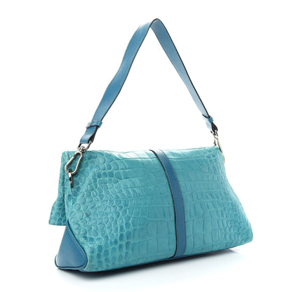Burberry Calfskin Crocodile Embossed Shoulder Bag Blue 3 of 12