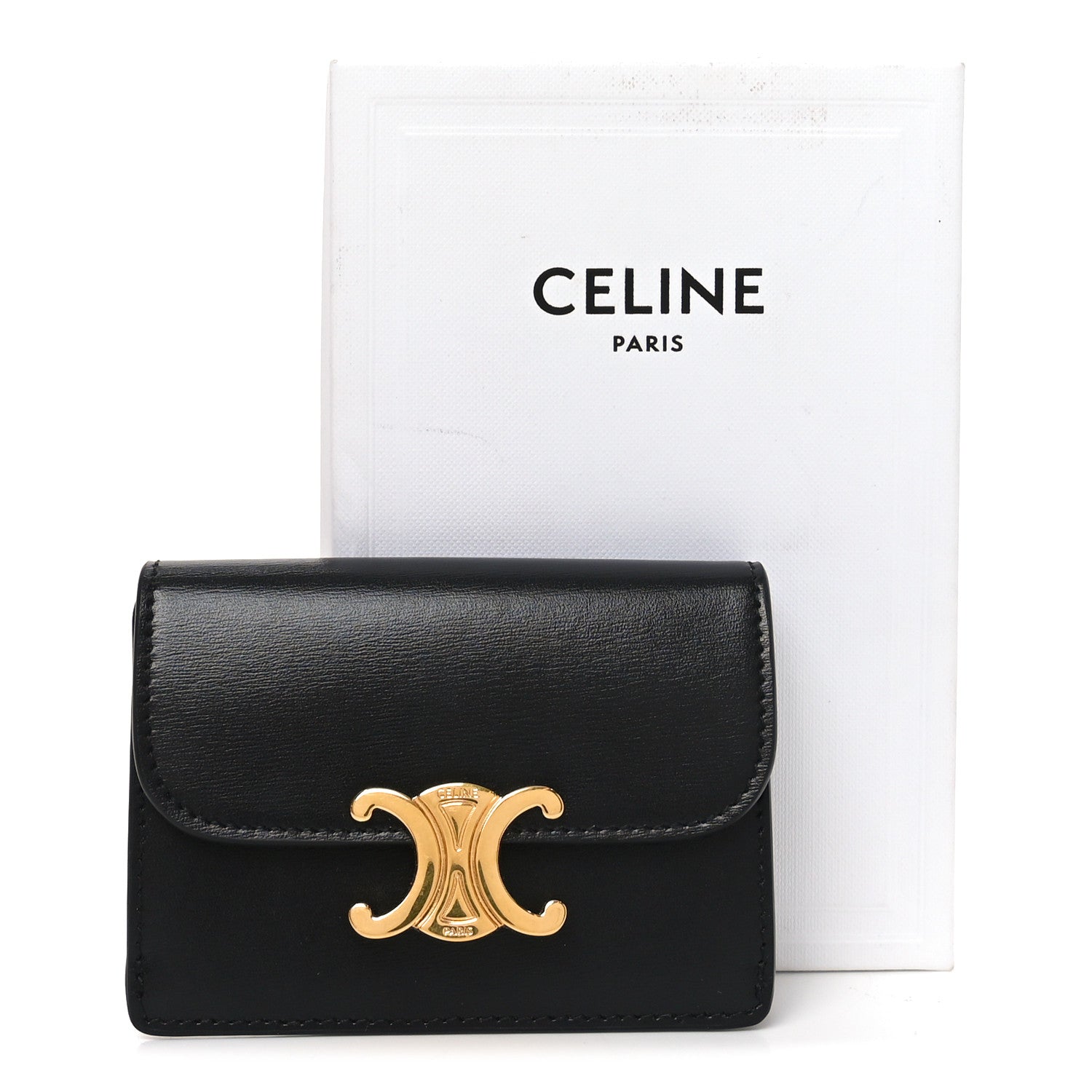 Celine Shiny Calfskin Triomphe Flap Card Holder Black 1804698