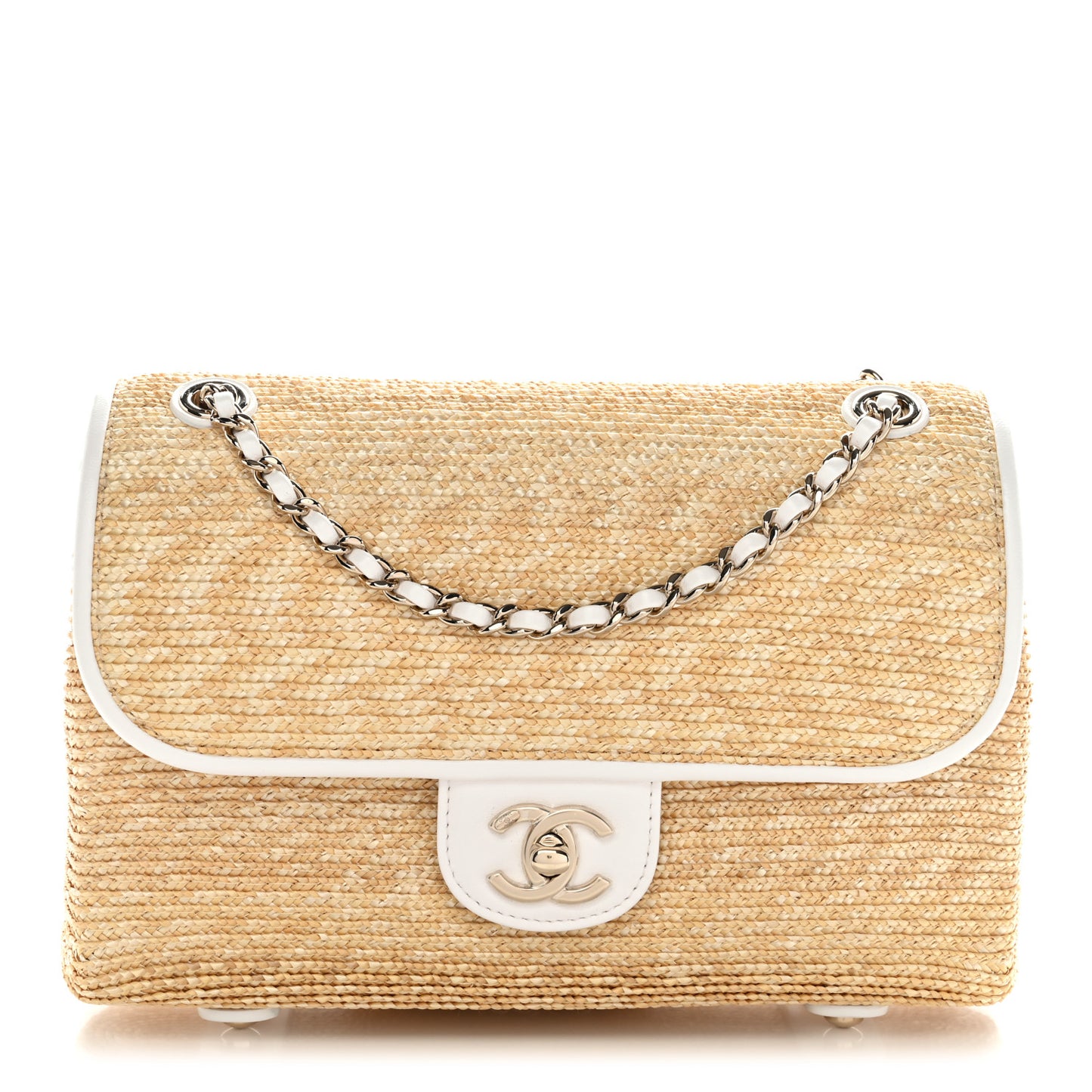 Raffia Lambskin Small Flap Bag Beige White