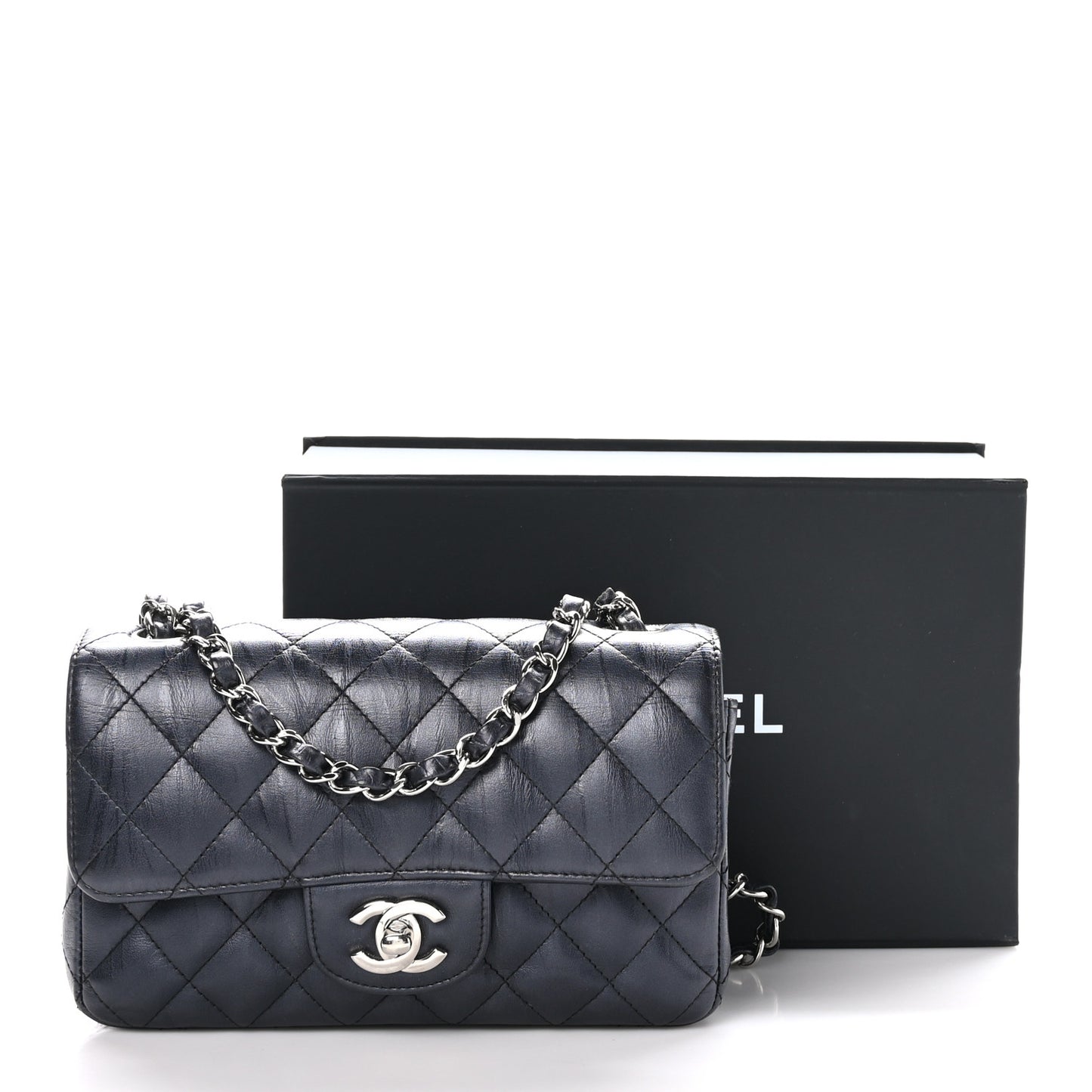 Iridescent Calfskin Quilted Mini Rectangular Flap Charcoal