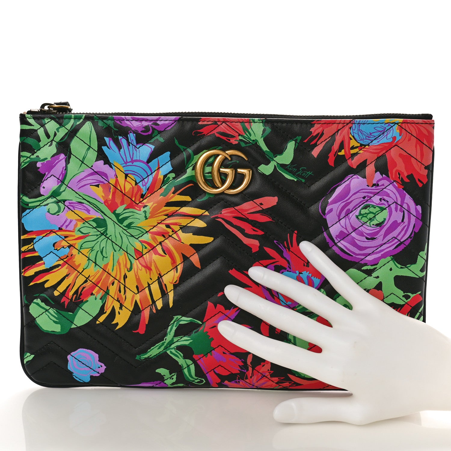 Gucci X KEN SCOTT Calfskin Matelasse Floral Print GG Marmont Zip Pouch Black 2 of 9