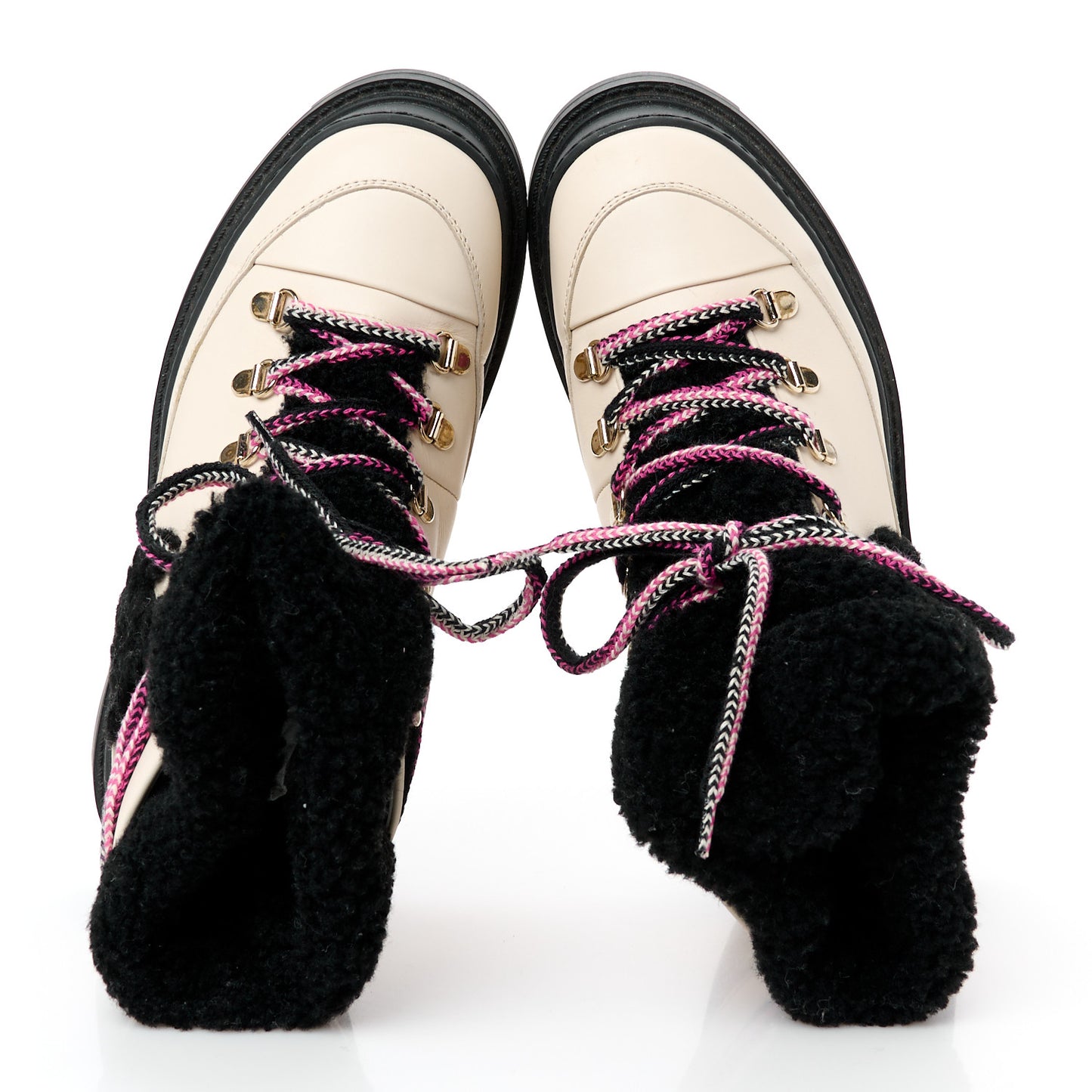 Calfskin Shearling CC Lace Up Boots 38 Black White