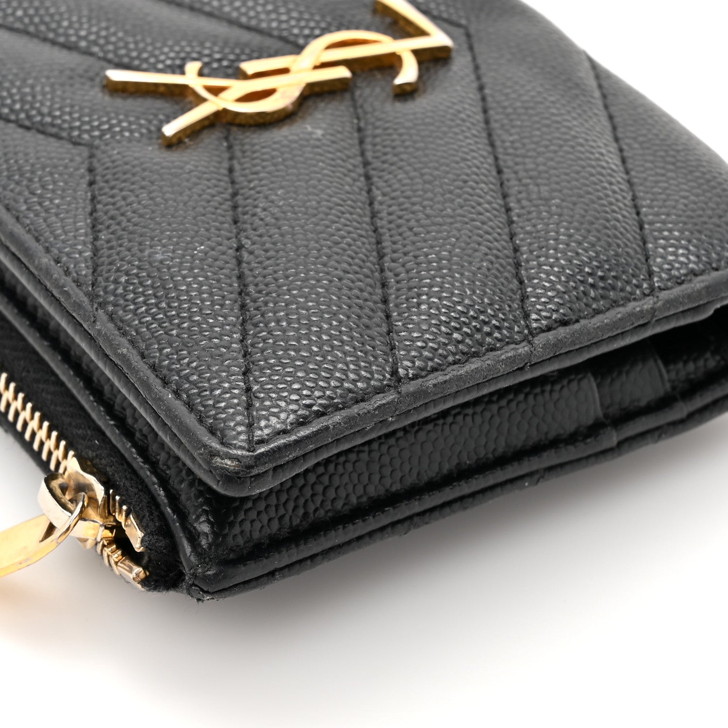 Saint Laurent Grain De Poudre Matelasse Chevron Monogram Zipped Two-Part Wallet Black 12 of 15